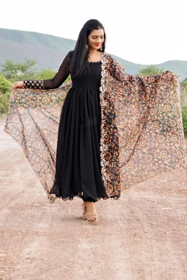 Anarkali Georgette Suit In Black Color With Dupatta