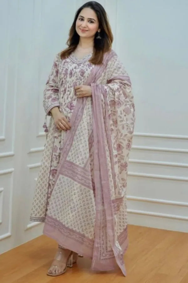 Elegant Women Afghani White-Purple Ivory Floral Print Suit Set