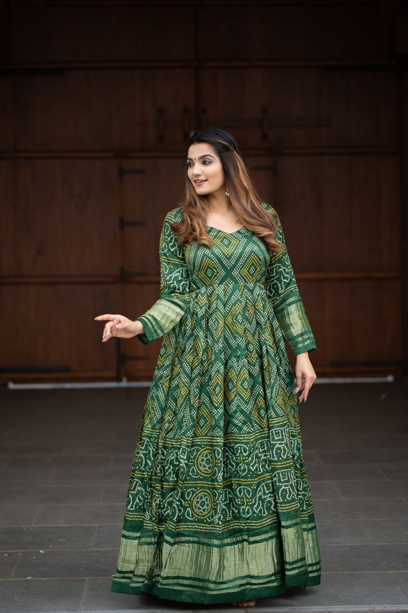 Green Bandhej Print Gaji Silk Gown