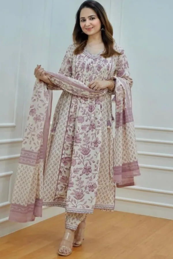 Elegant Women Afghani White-Purple Ivory Floral Print Suit Set