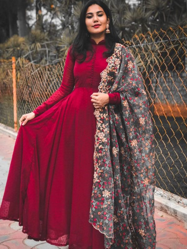 New Maroon Georgette Gown With Dupatta