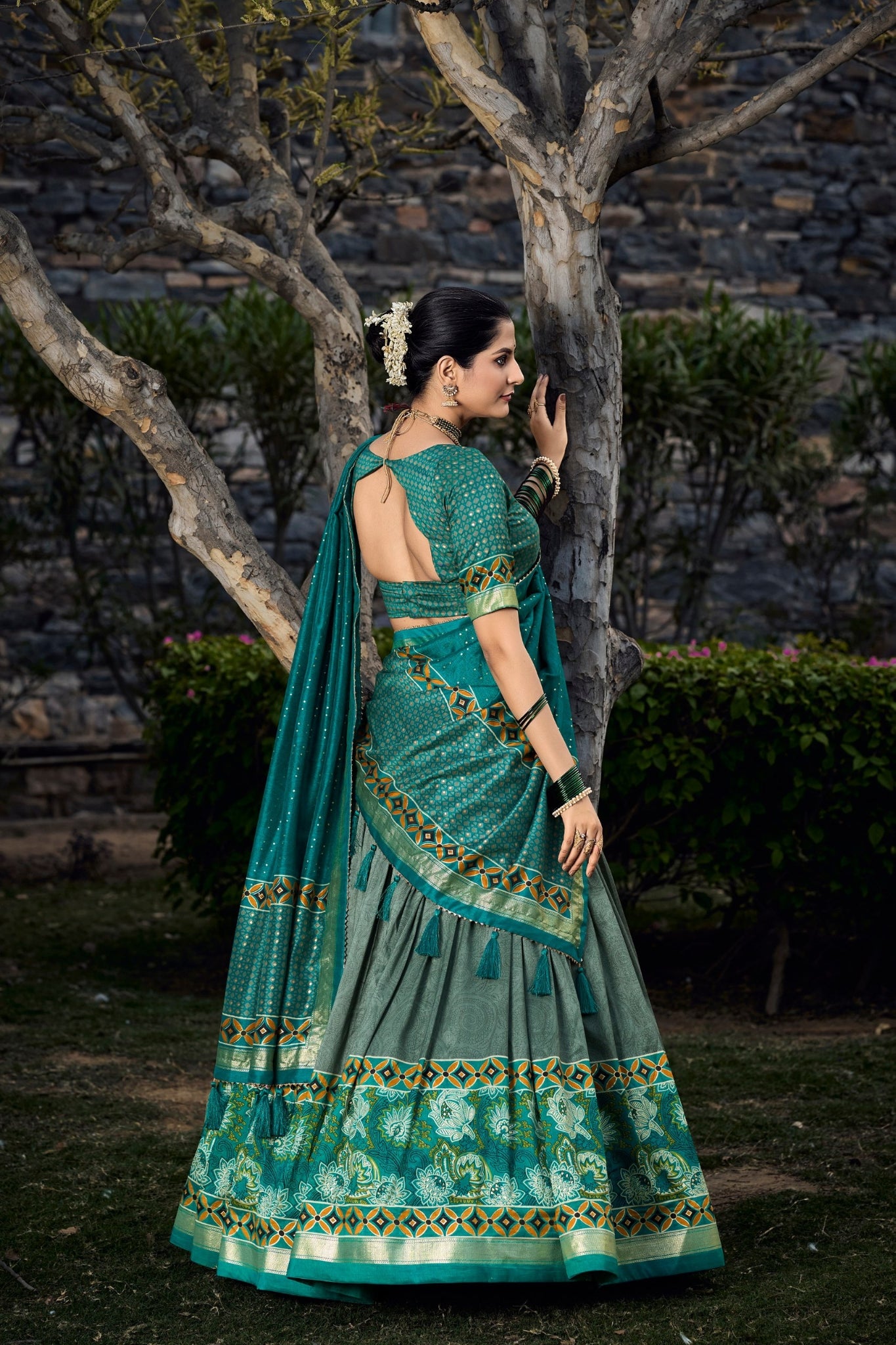 See Green Stunning Printed Silk Lehenga Choli